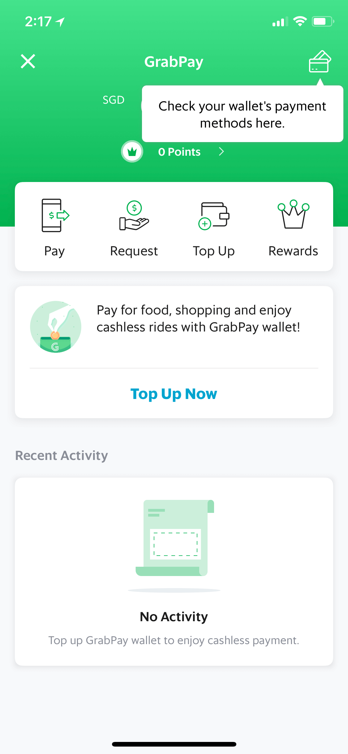 GrabPay钱包首页，余额积分与充值