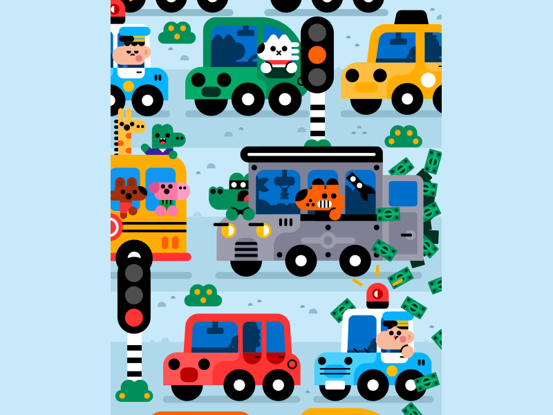 Traffic jam animals cab characters cute illustration kids police vecto.png