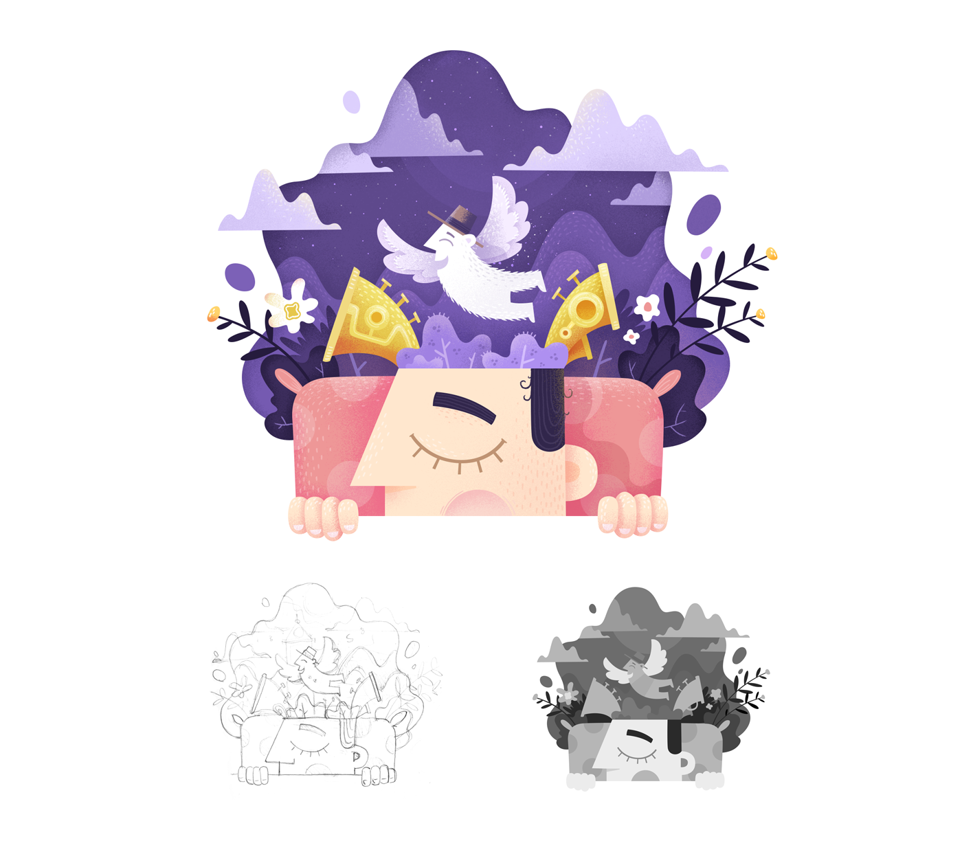 Character dream flight sketch Drawing  process video animal Cat dog.png