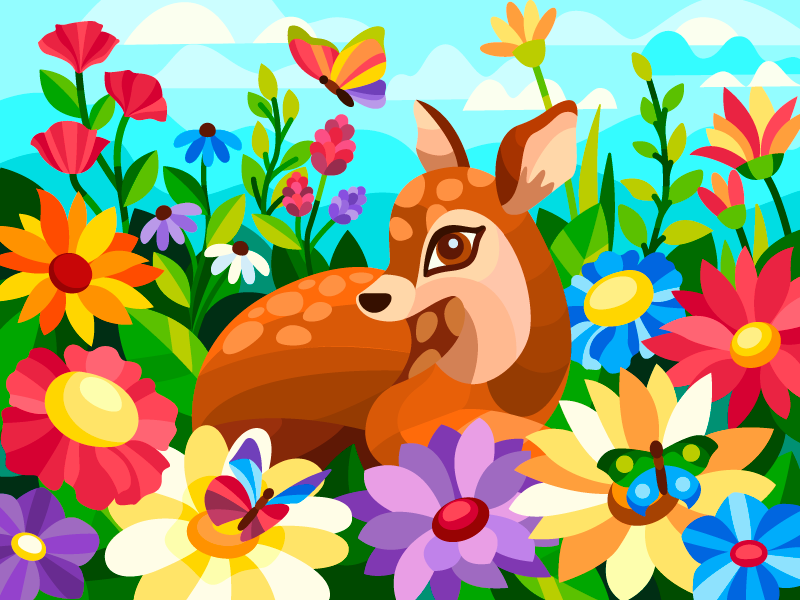 Fawn among flowers spring flower fawn vector illustration vectorart ve.png