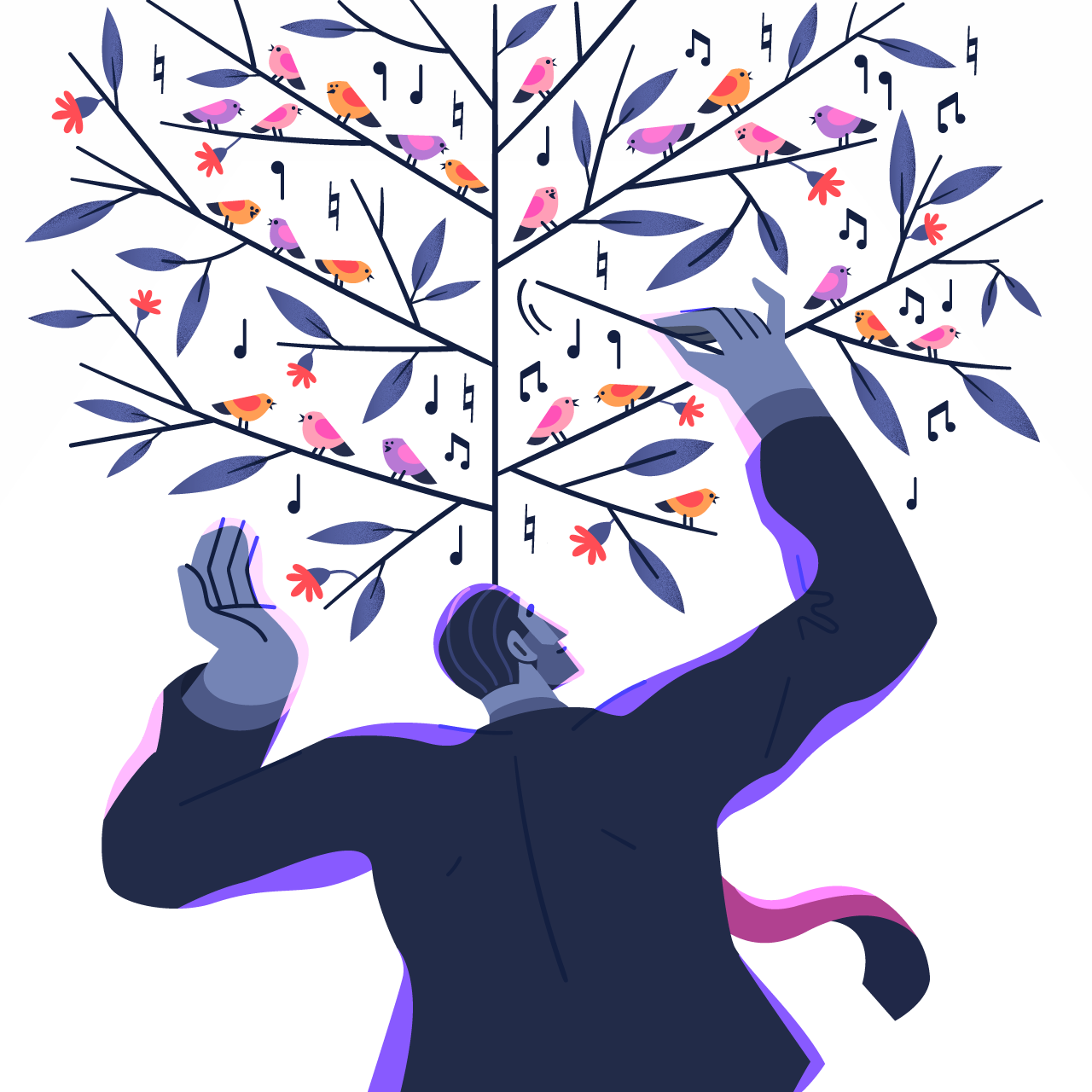 birds flat ILLUSTRATION  music Nature orchestra Singing spring Tree  v.png