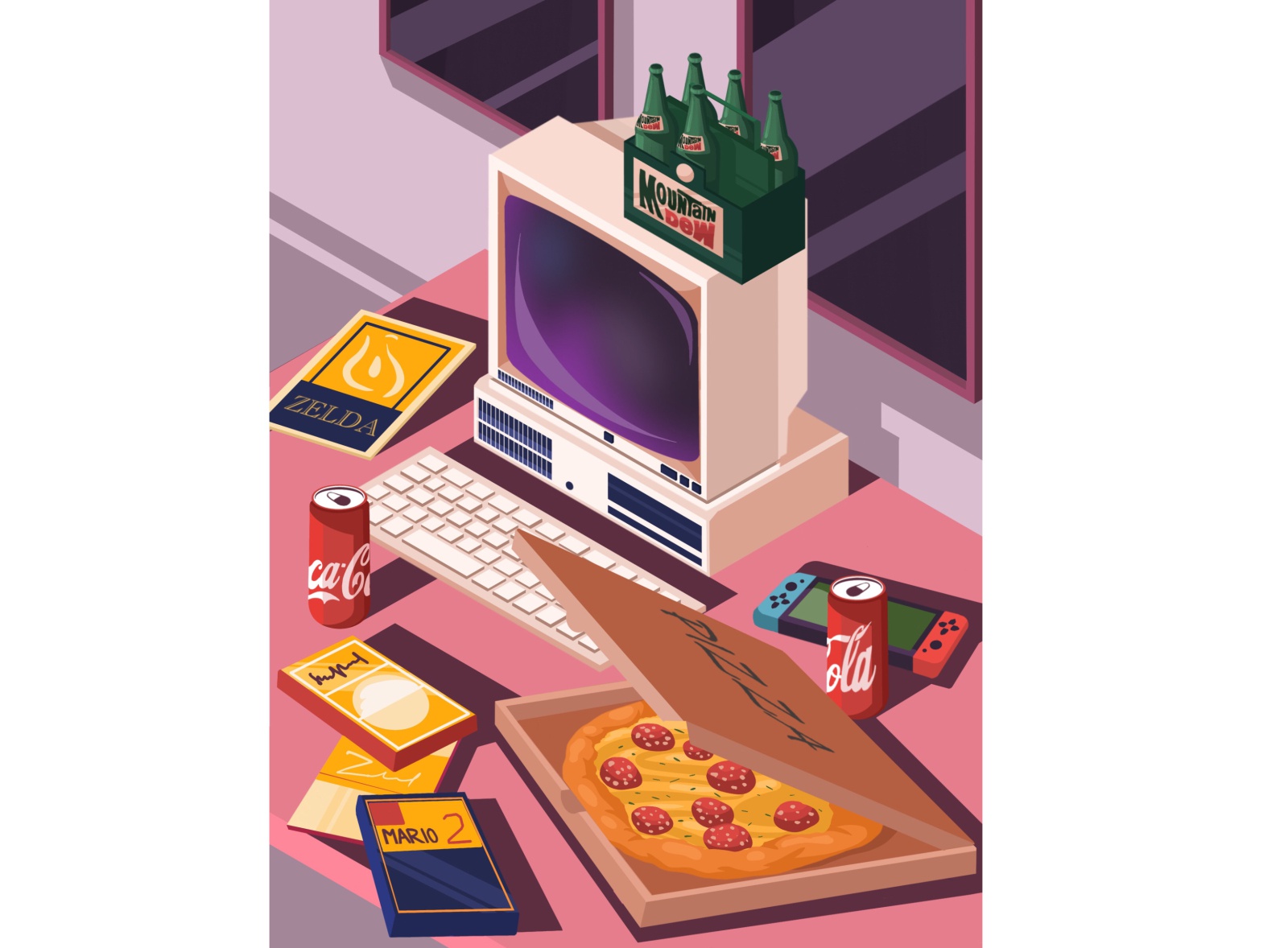 80s illustration art art illustration computer gamepad game pizza coca.jpg