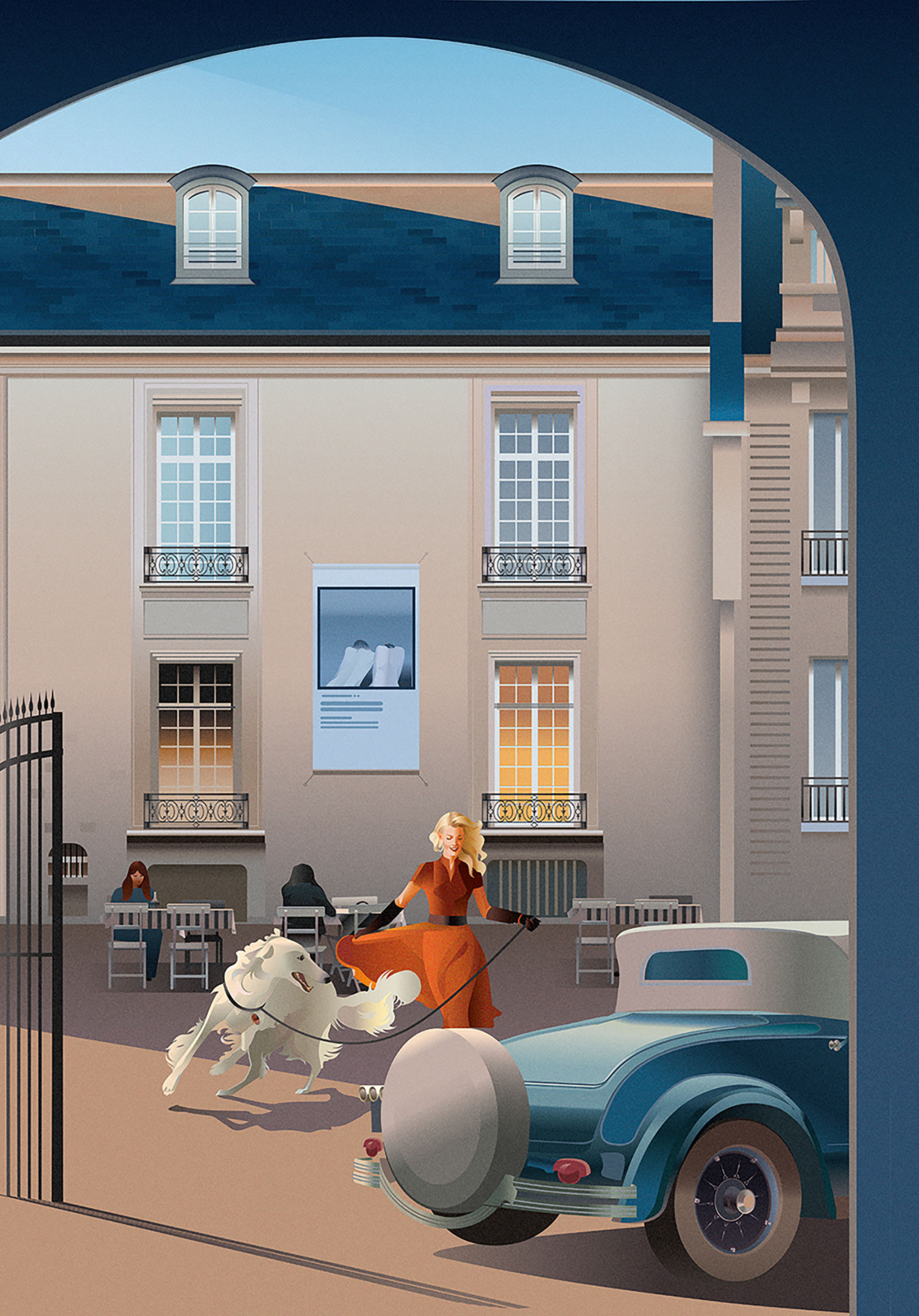 Retro Paris car poster Character dog architecture cafe city vector.jpg