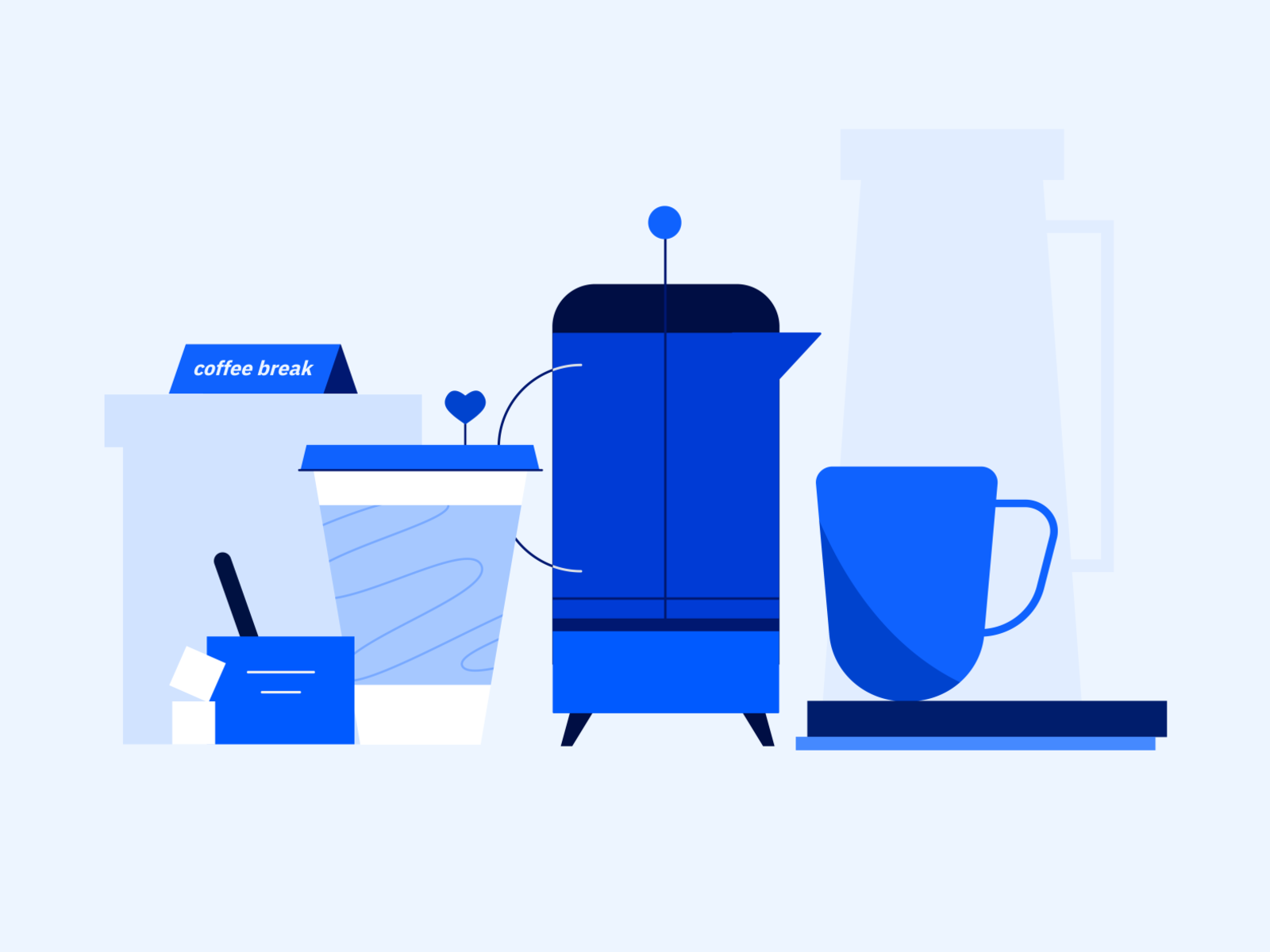 coffee break monochromatic flat sugar books scene cup mug french press.png