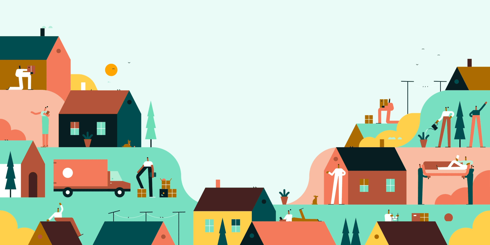 Character clouds dog houses icons MOVING neighbourhood plants Travel v.gif