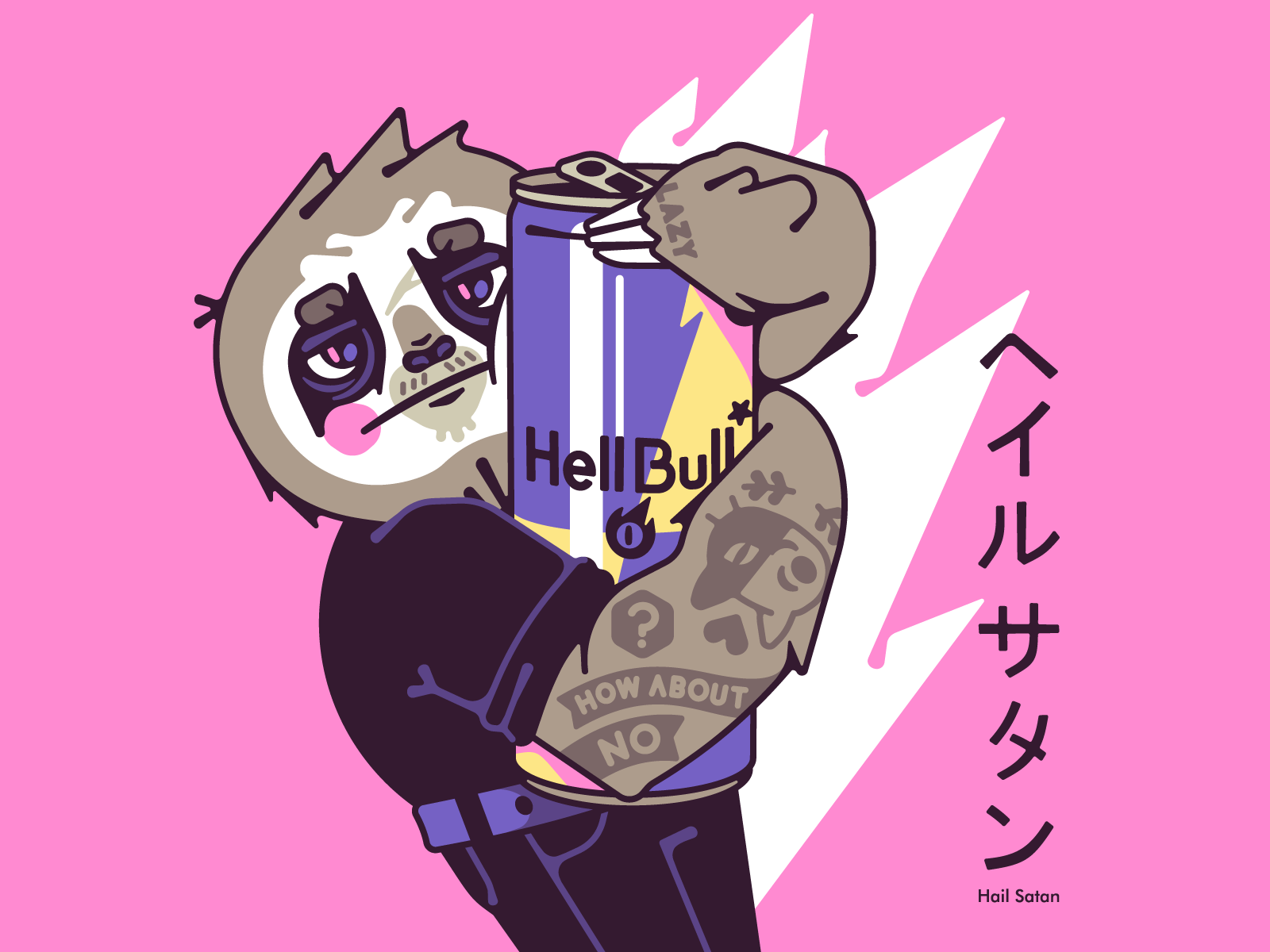 Morning Drink cat tattoo redbull hail hell sloth collab vector line si.png