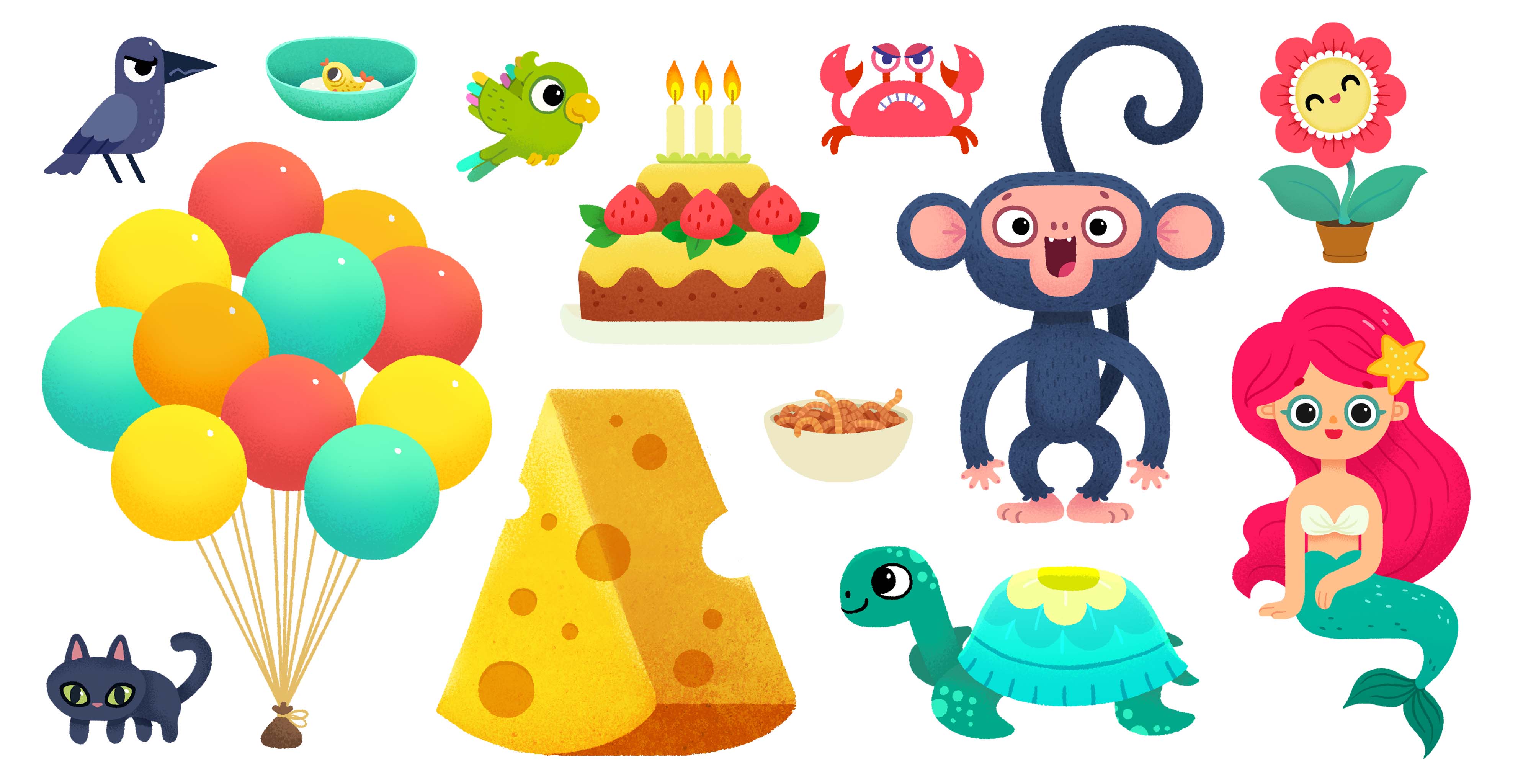 Character boy girl animals balloons cake monkey postcard Food  Fruit (5).jpg