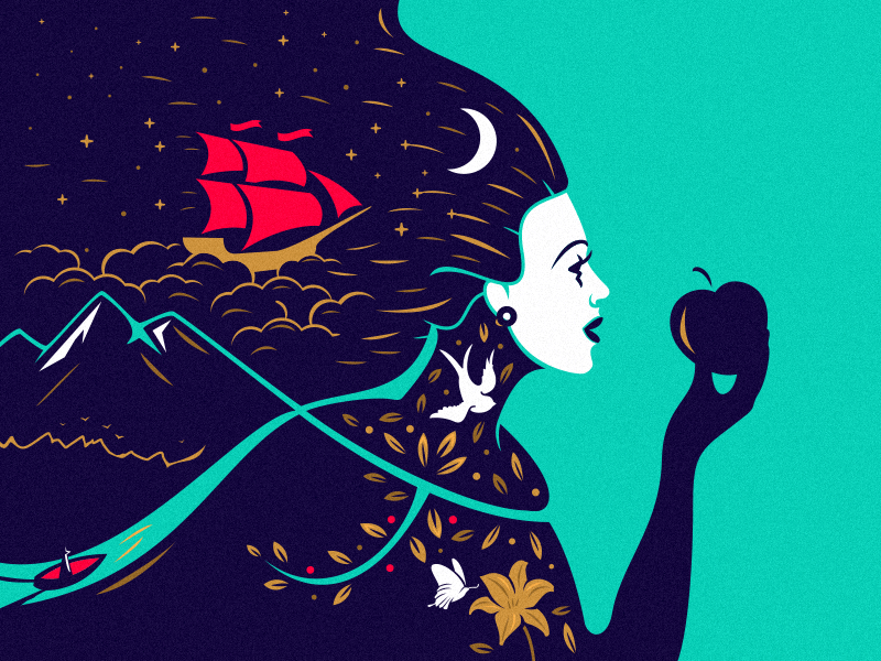 Dreamland oldschool star night moon illustration river boat apple sky.gif