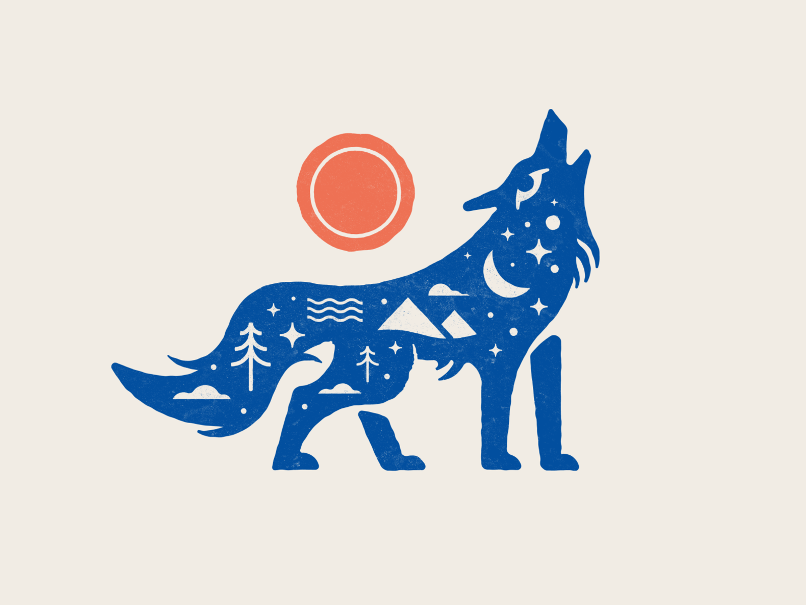 Folk art wolf tree shirt apparel print explore mountain stars sun clou.png