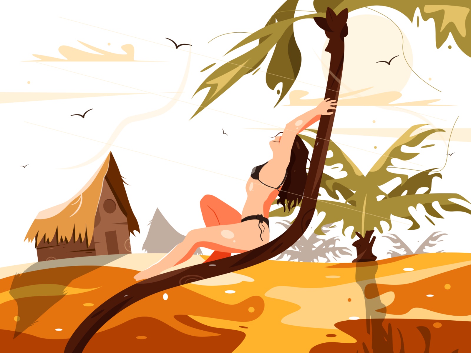 The illustration depicts a girl who lies on a palm tree. smile relax p.jpg