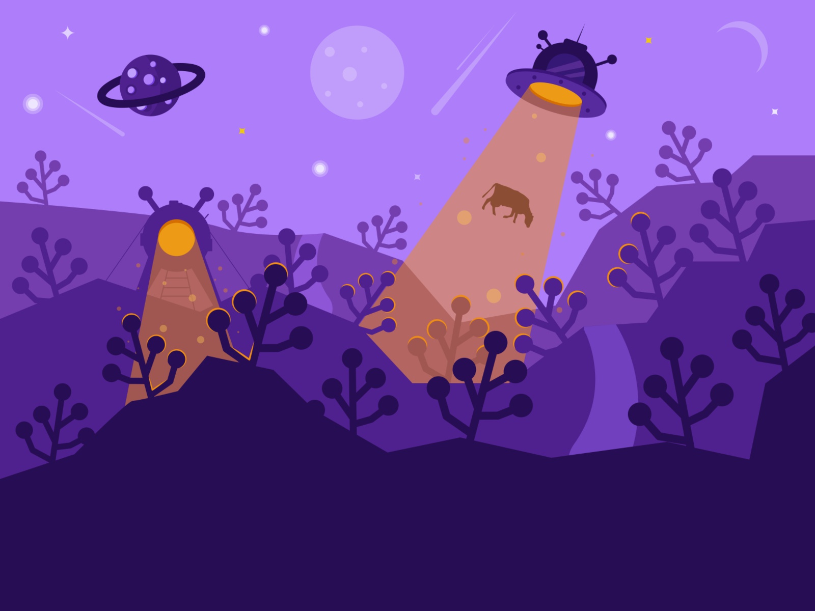 The illustration depicts an alien planet star satellite purple planet.jpg