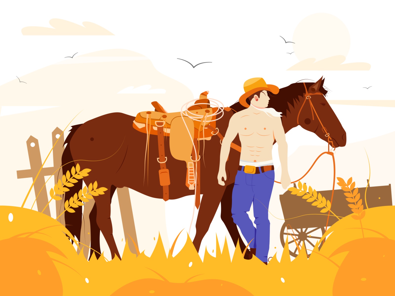 The illustration shows a cowboy with a horse. american mountain landsc.jpg