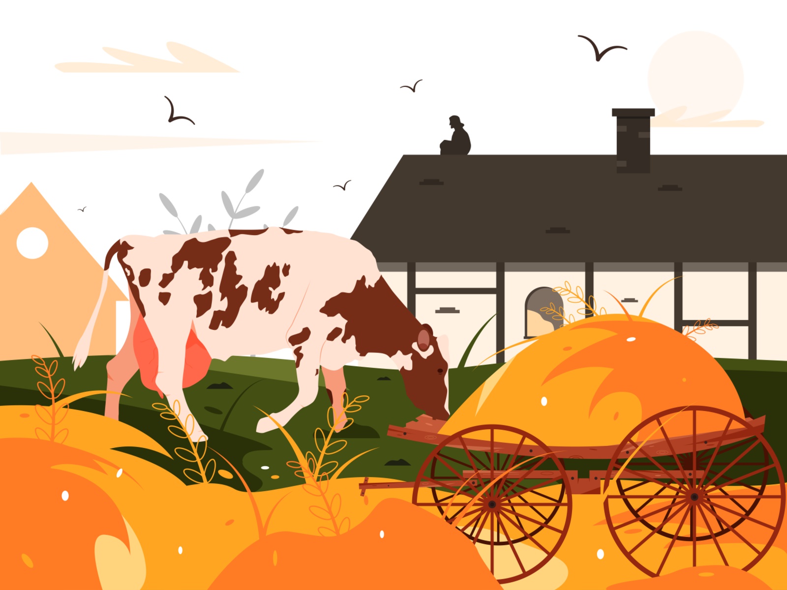 The illustration shows a cow grazing. harvest painting milk summer lan.jpg