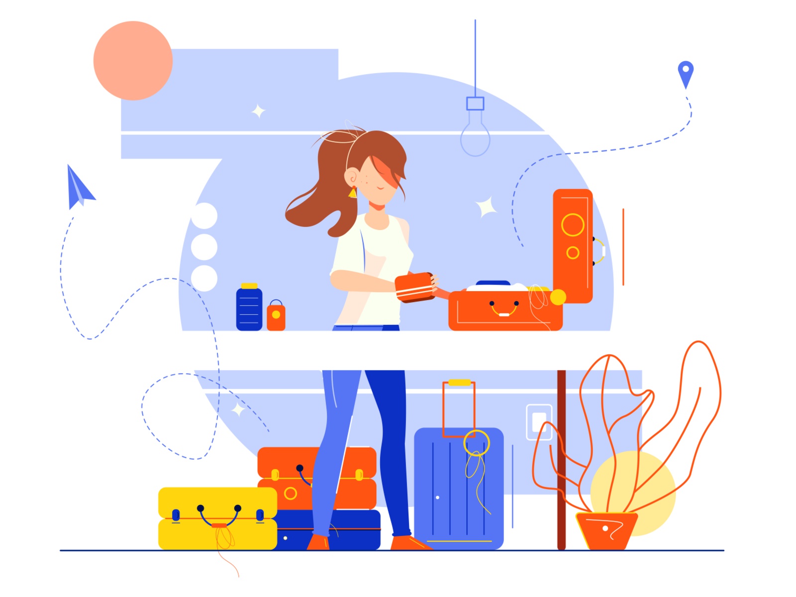The illustration shows a girl who collects suitcases departure depart.jpg