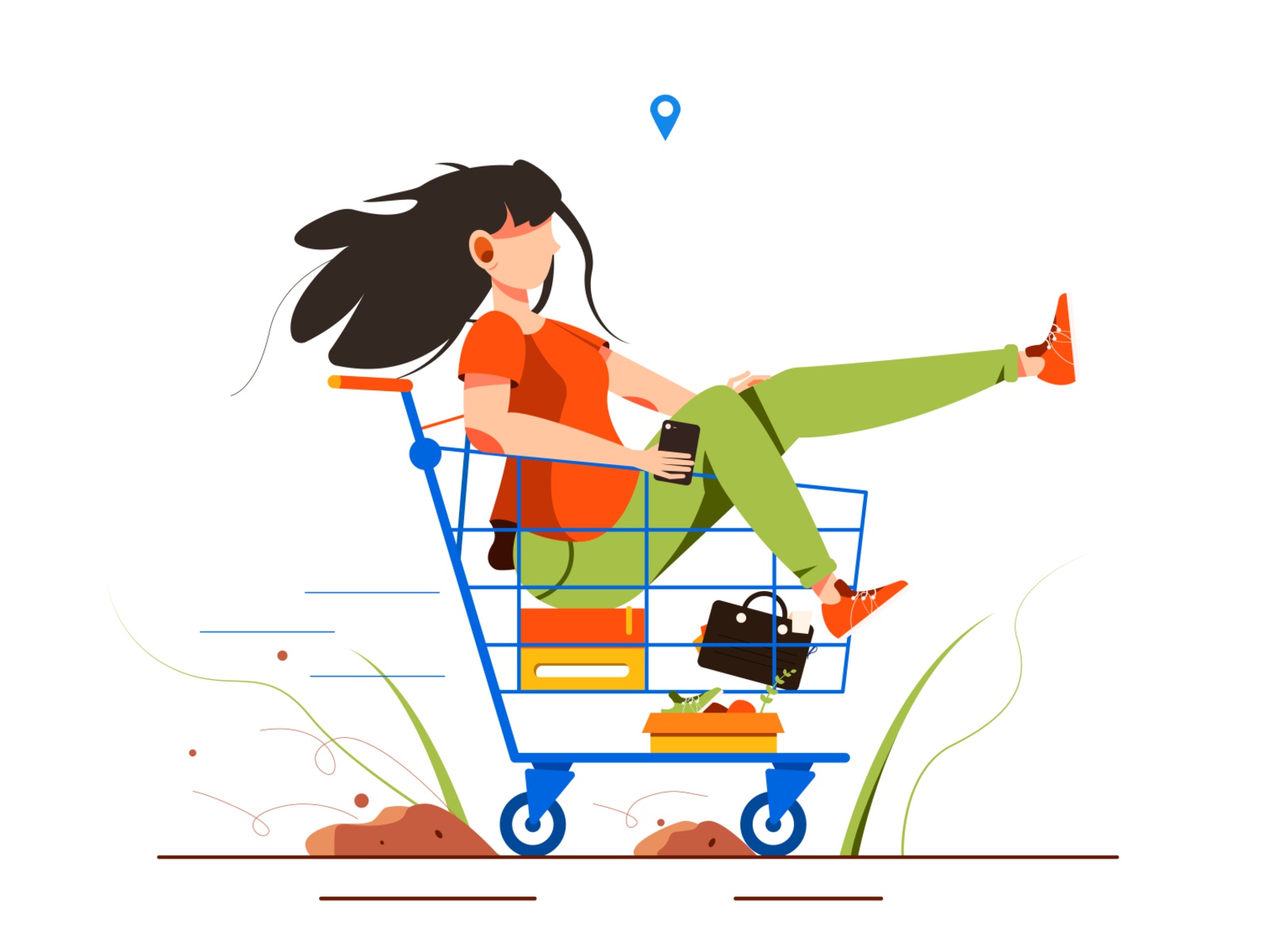 The illustration shows a girl who rides in a cart mall humor flat back.jpg