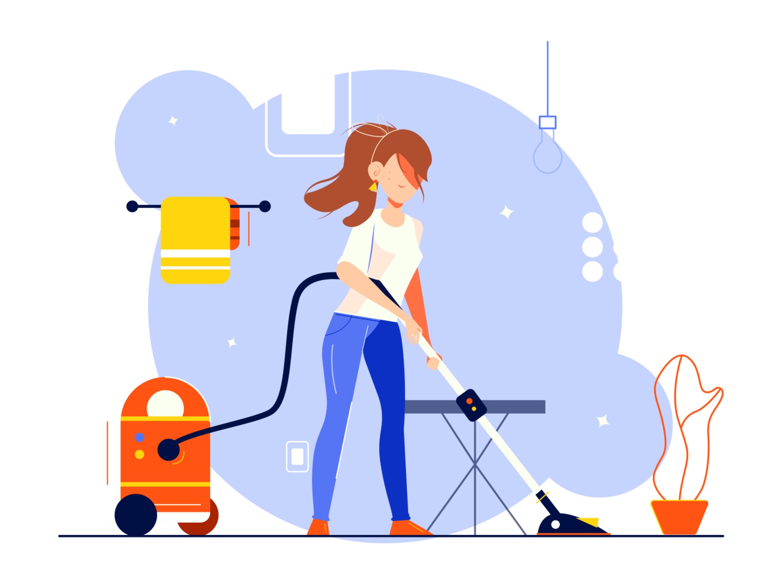 The illustration shows a girl who vacuums the floor work housework rug.jpg