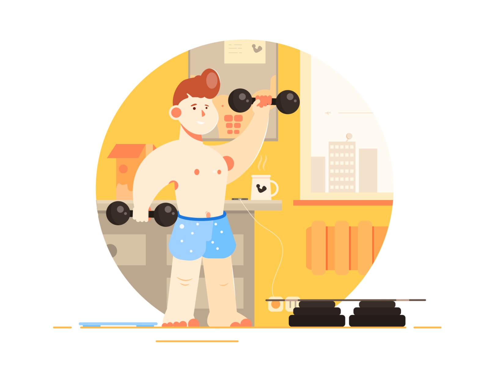 The illustration shows a man who does fitness at home. positive laptop.jpg