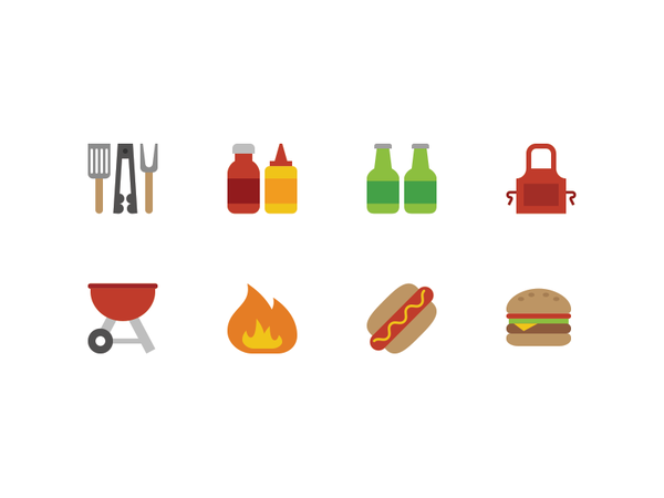 BBQ Icons tongs ketchup mustard beer apron grill fire hotdog burger ic.webp