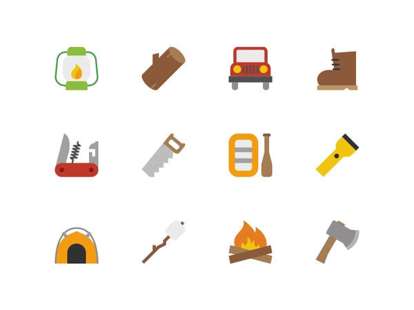 Camping Icons lamp wood knife jeep boot fire marshmallow axe raft tent.webp