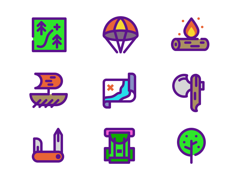 Adventure Icons map axe knife tree bag shipboat forest fire illustrati.webp
