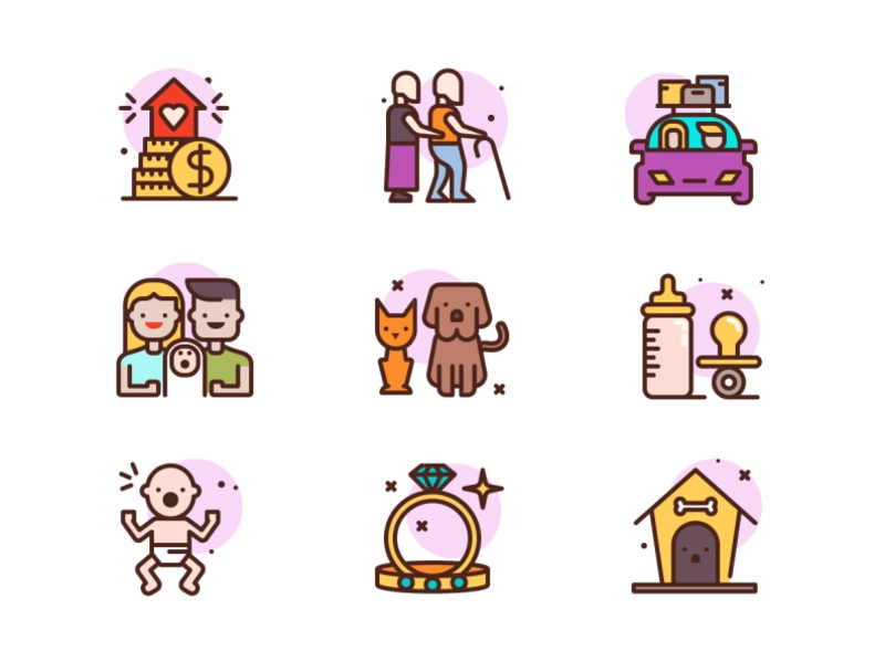 Family Icons cat dog pet old man rings wife husband wedding travel car.webp