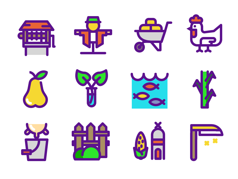 Farming Icons icons milk cow fence grass flower fruit chicken fountain.png
