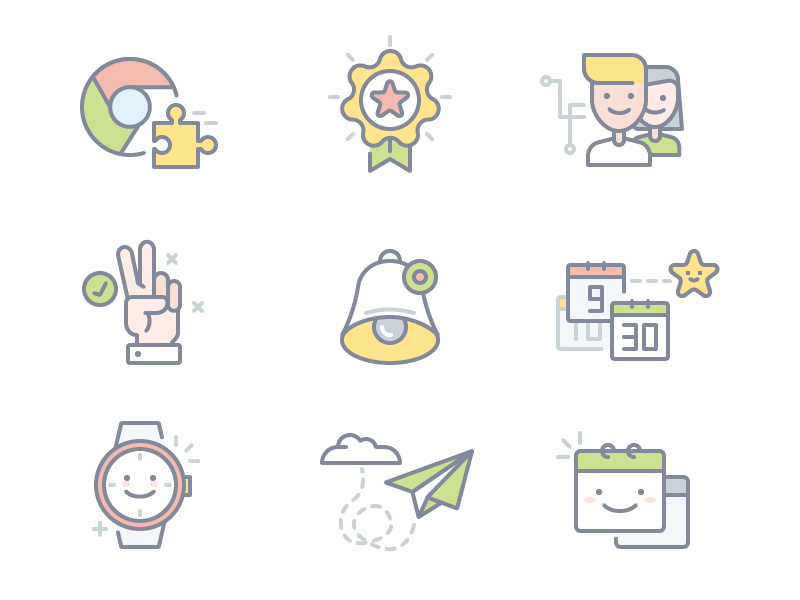 Meeting Icons calendar watch send plane bell hand chrome team illustra.webp