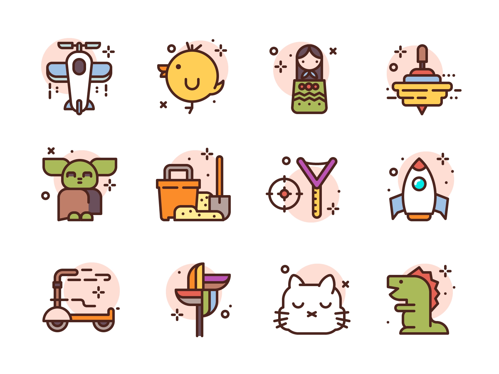 Toys Icons cat yoda dino spaceship airplanes toy premium illustration.webp
