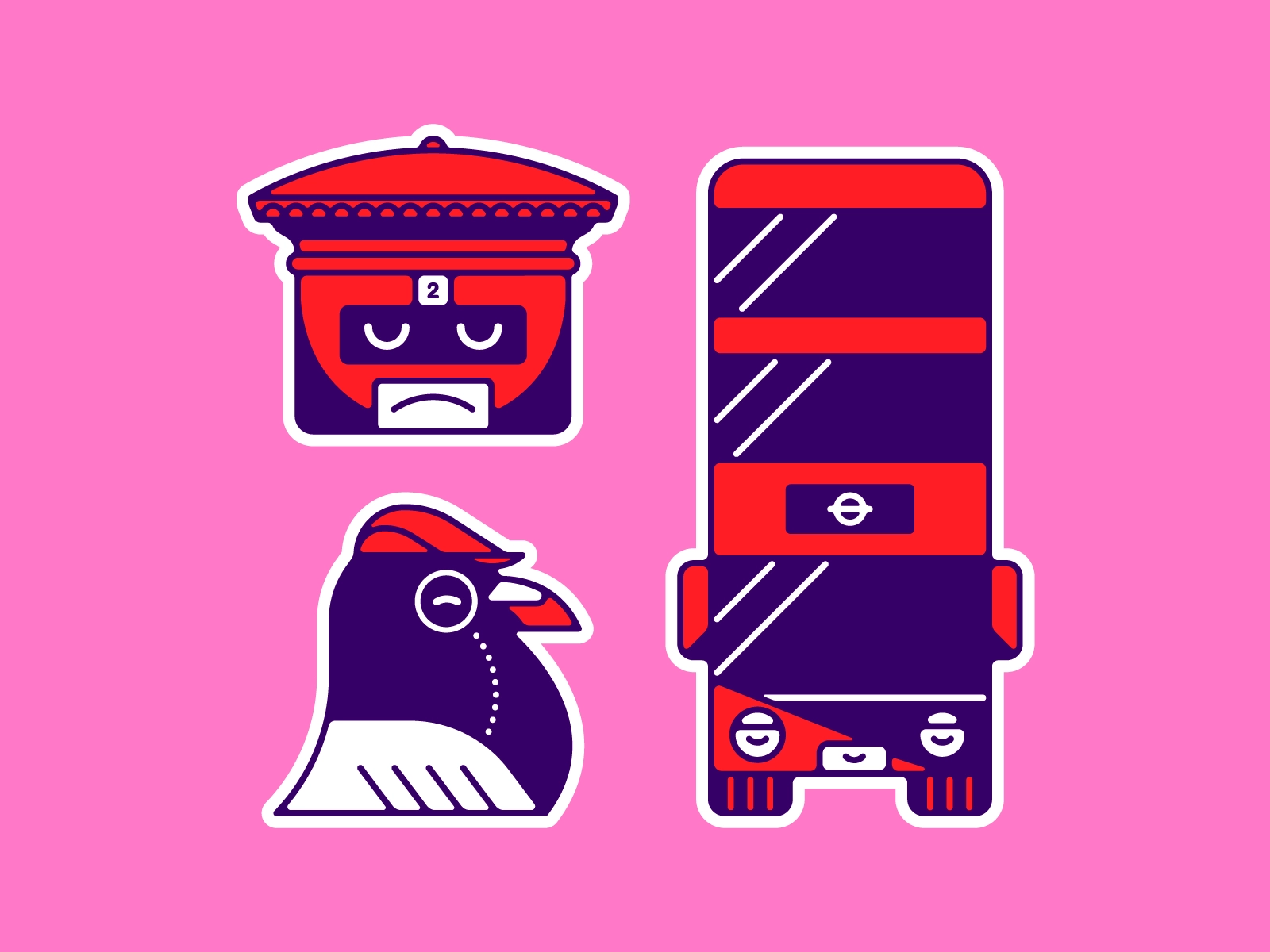 London Town character design vacation royal mail bus pigeon stickers t.webp