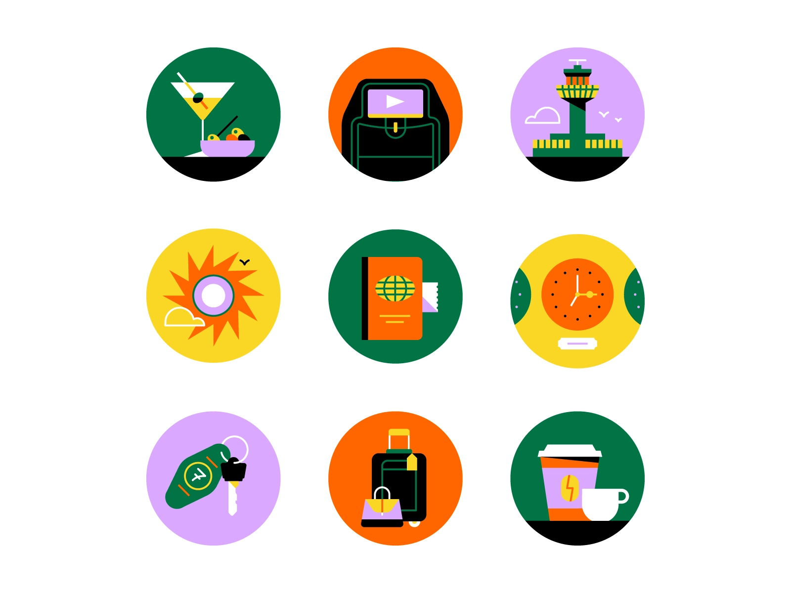 Vacation hotel sun coffee cocktail luggage plane passport editorial il.webp