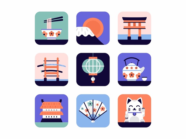 Japan Icon set tori tea sushi icon set samurai oriental noodle house t.jpg