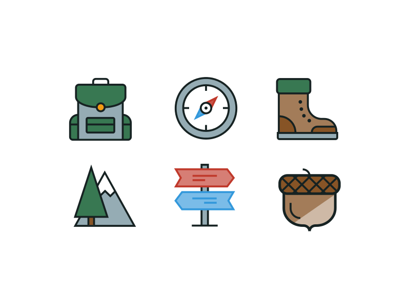 Hiking icon acorn mountain boot compass backpack.gif