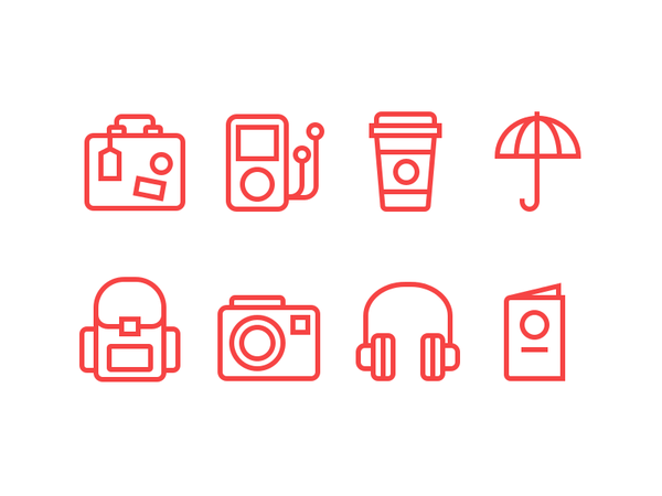 Travel camera backpack passport headphones coffee icon.png