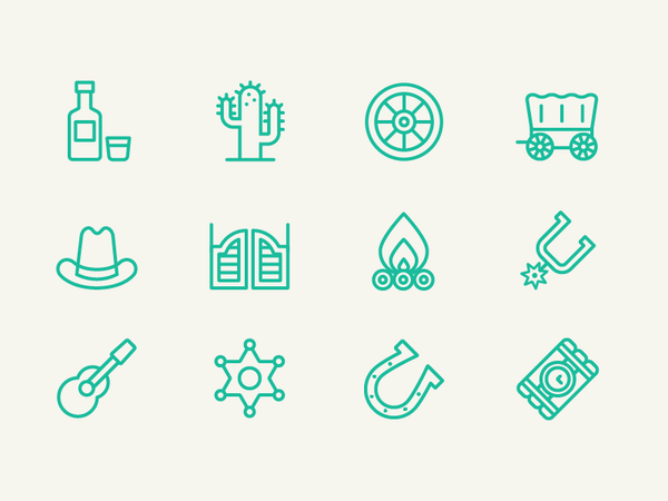 Wild West whiskey wagon horseshoe dynamite guitar cactus icon campfire.png