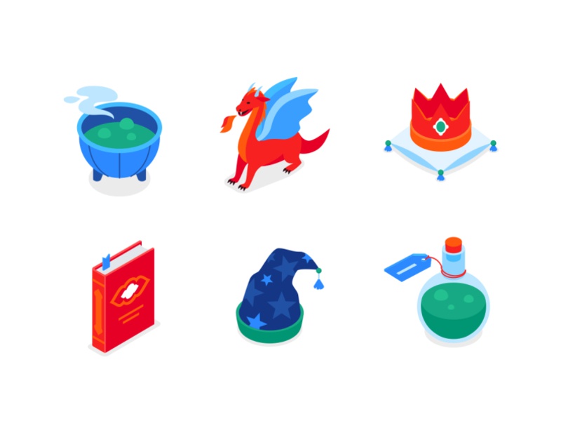 Fantasy isometric icons set cauldron book crown fantasy magic wizard p.jpg