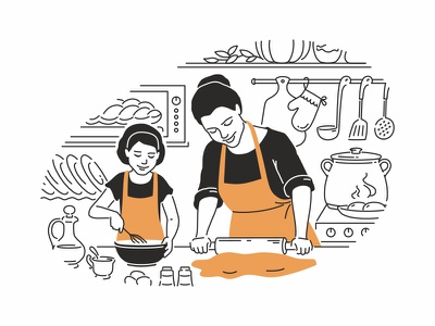Mother and daughter cooking vector line art home family outline line c.jpg