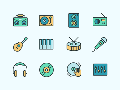 Jam On record guitar speaker headphones boombox icon flat color set ic.png