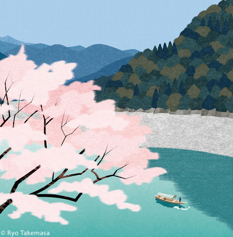 boat Cherry blossoms japan Landscape mountain Nature river sakura spri.jpg