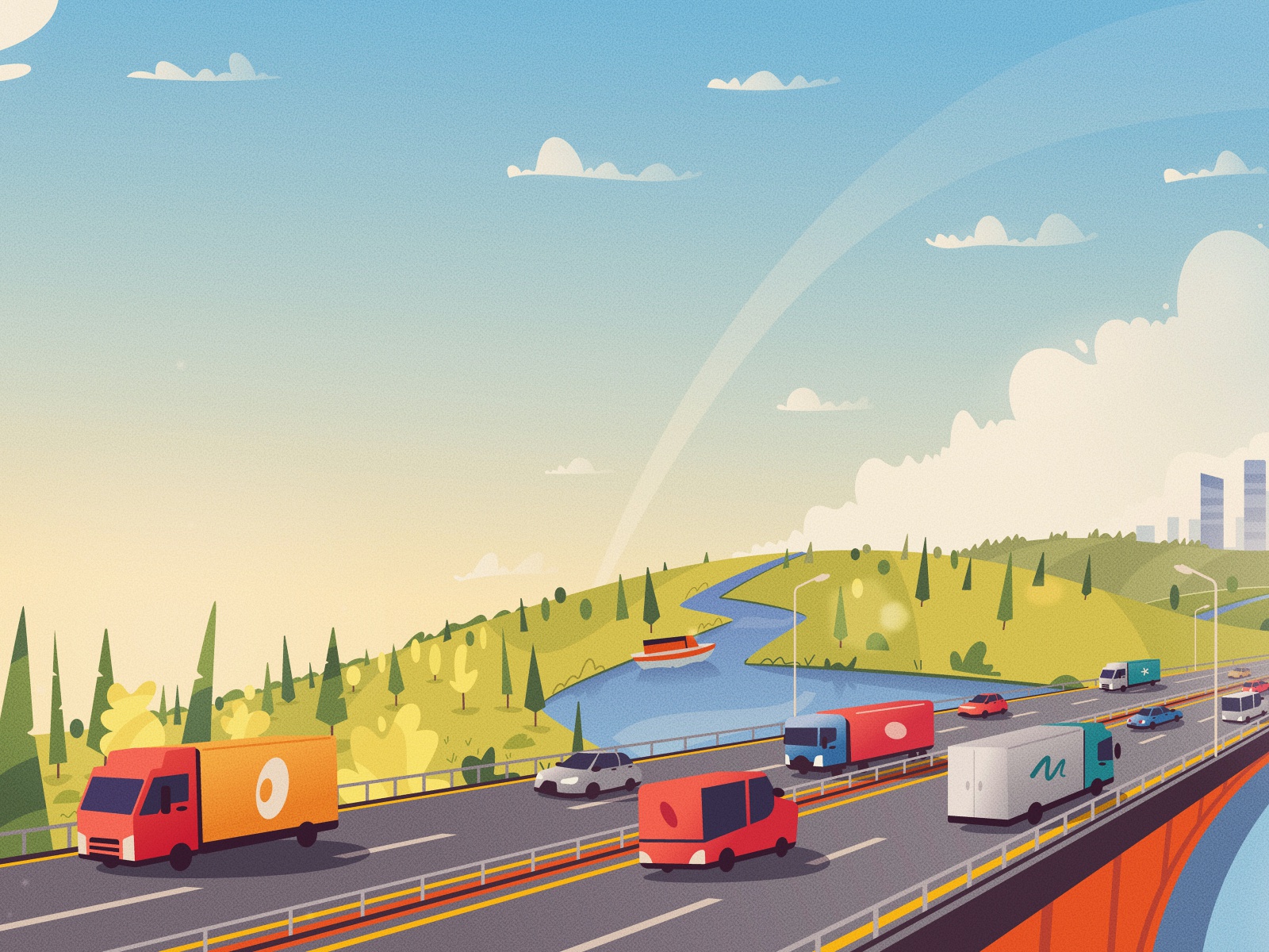 Bridge boat river bridge moskow highway road art design cartoon vector.jpg