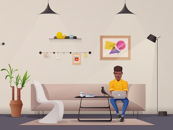 Man is working in a room. Scandinavian interior vector cartoon design.jpg