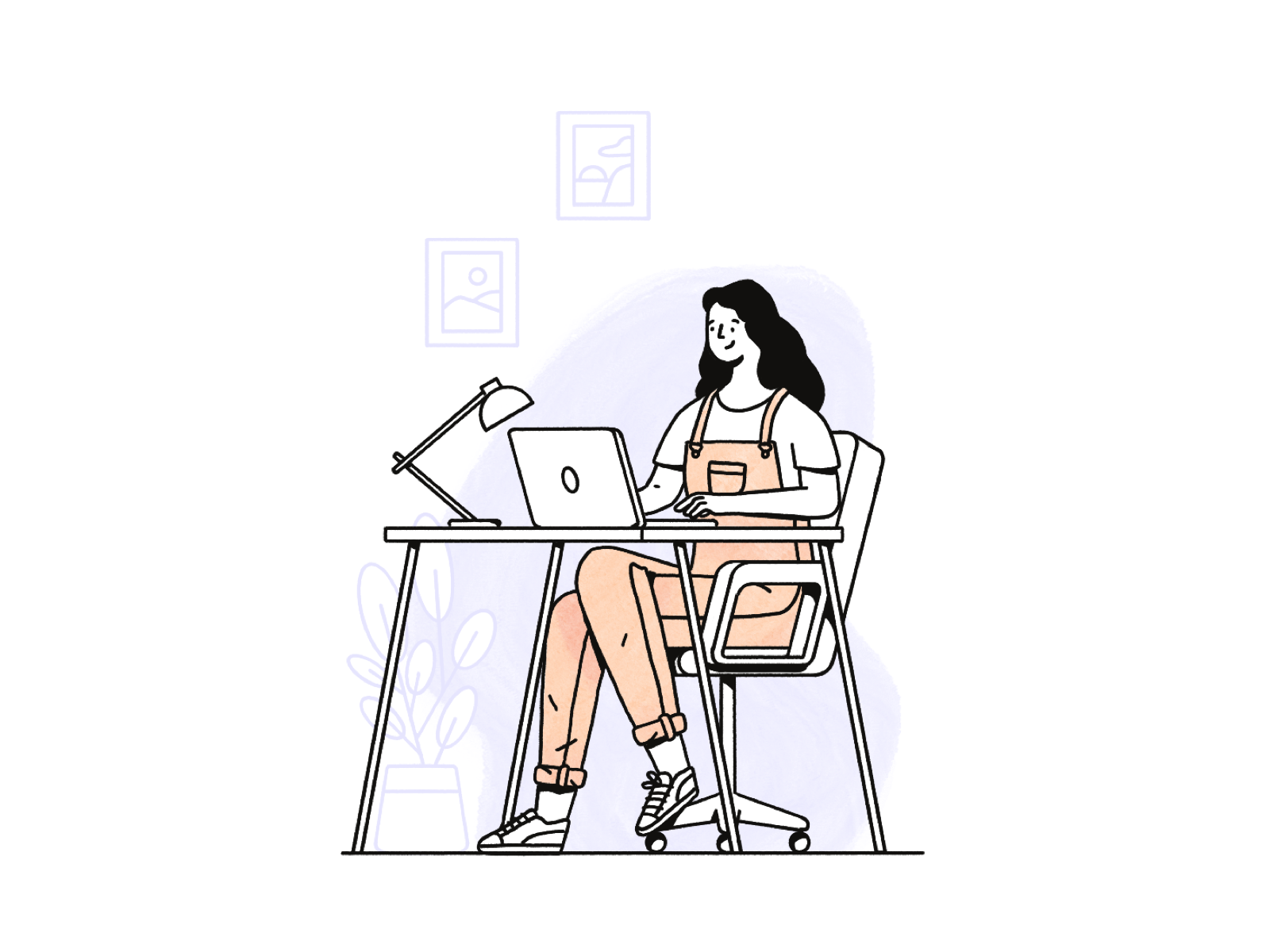 A woman working work laptop desk girl watercolor abstract outline stre.png