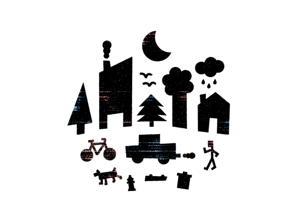 Bustlin moon house person dog bike black vector grit texture night cit.png