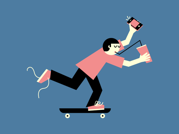 Multi-tasking skate slurpee man character chat phone skateboarding vec.png
