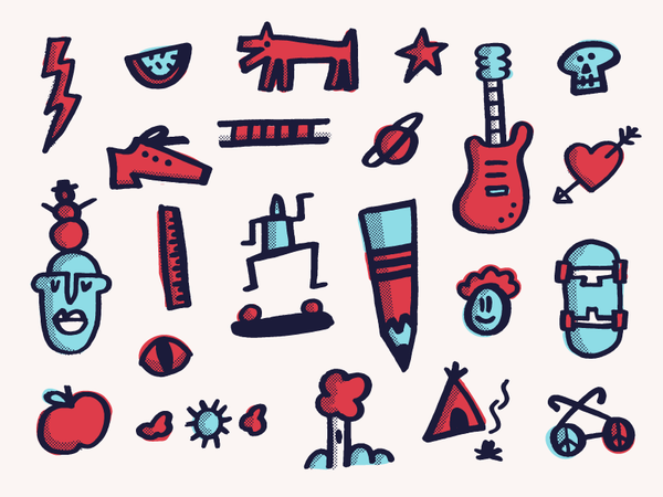 Page-a-doodles apple planet dog skateboard guitar marker loose lol fun.png