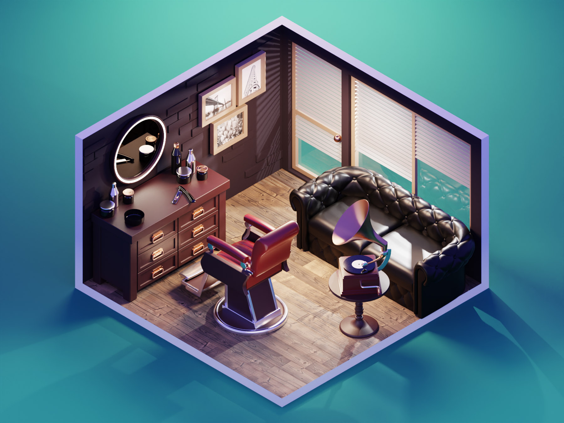 Barber Shop barber shop room diorama isometric render blender illustra.jpg