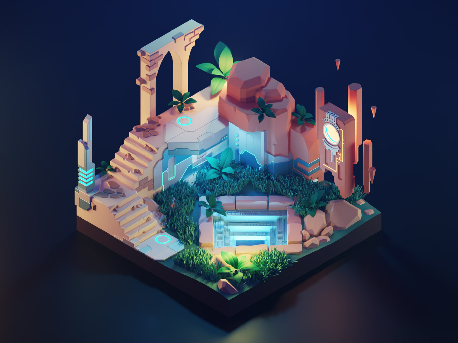 Cyber Ruins alien cyberpunk scifi ruins lowpoly diorama isometric rend.jpg