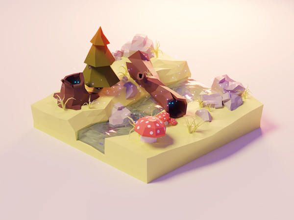 Enchanted Forest fantasy river forest mushroom low poly model isometri.png