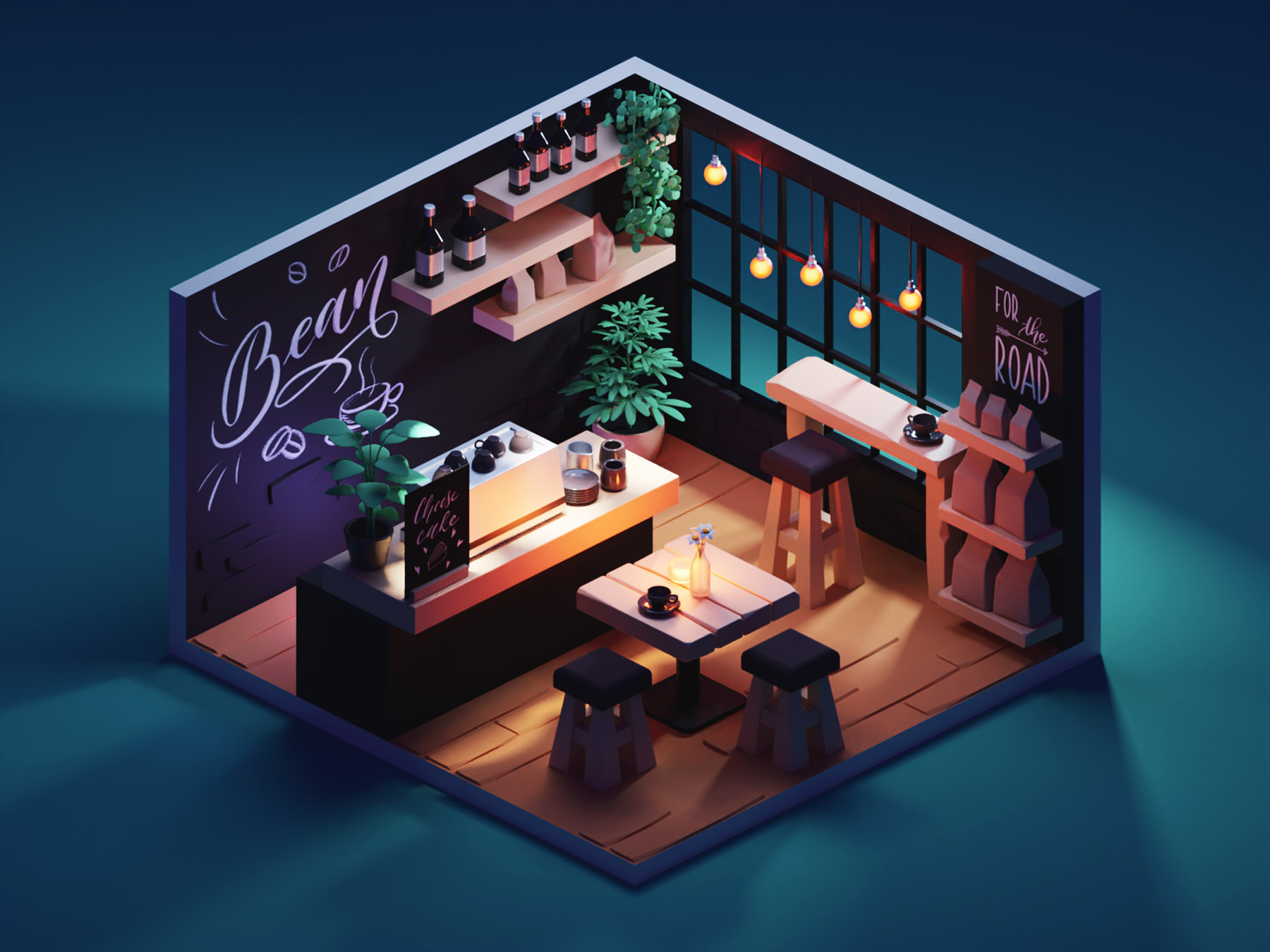 Evening Coffee room coffee shop coffee cafe diorama low poly isometric.jpg