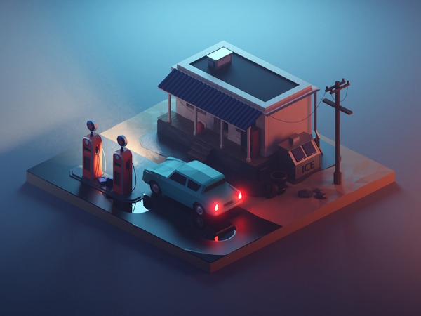 Fuel Station at Night lights night car building vehicle lowpolyart dio.png