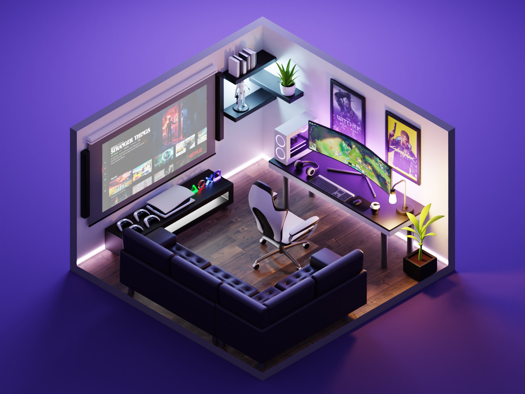 Gaming Room pc ps5 gaming room room diorama isometric render blender i.jpg
